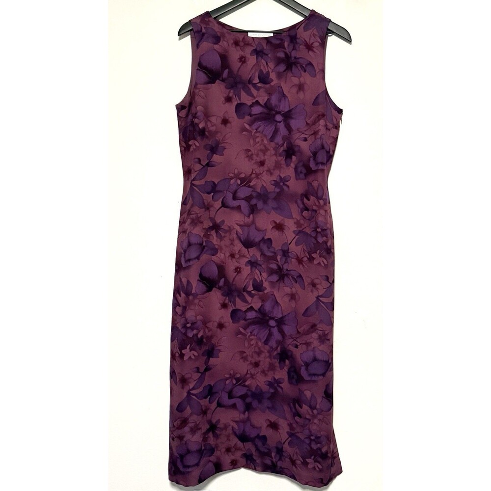 Vintage Petite Sophisticate 100% Silk Midi Dress Sz 12 Floral Career 90s Y2K